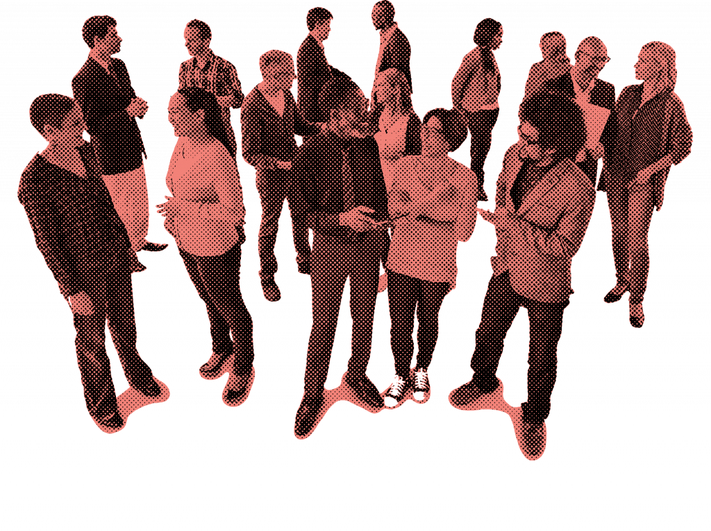 A group of friends and aquaintences chatting in small groups