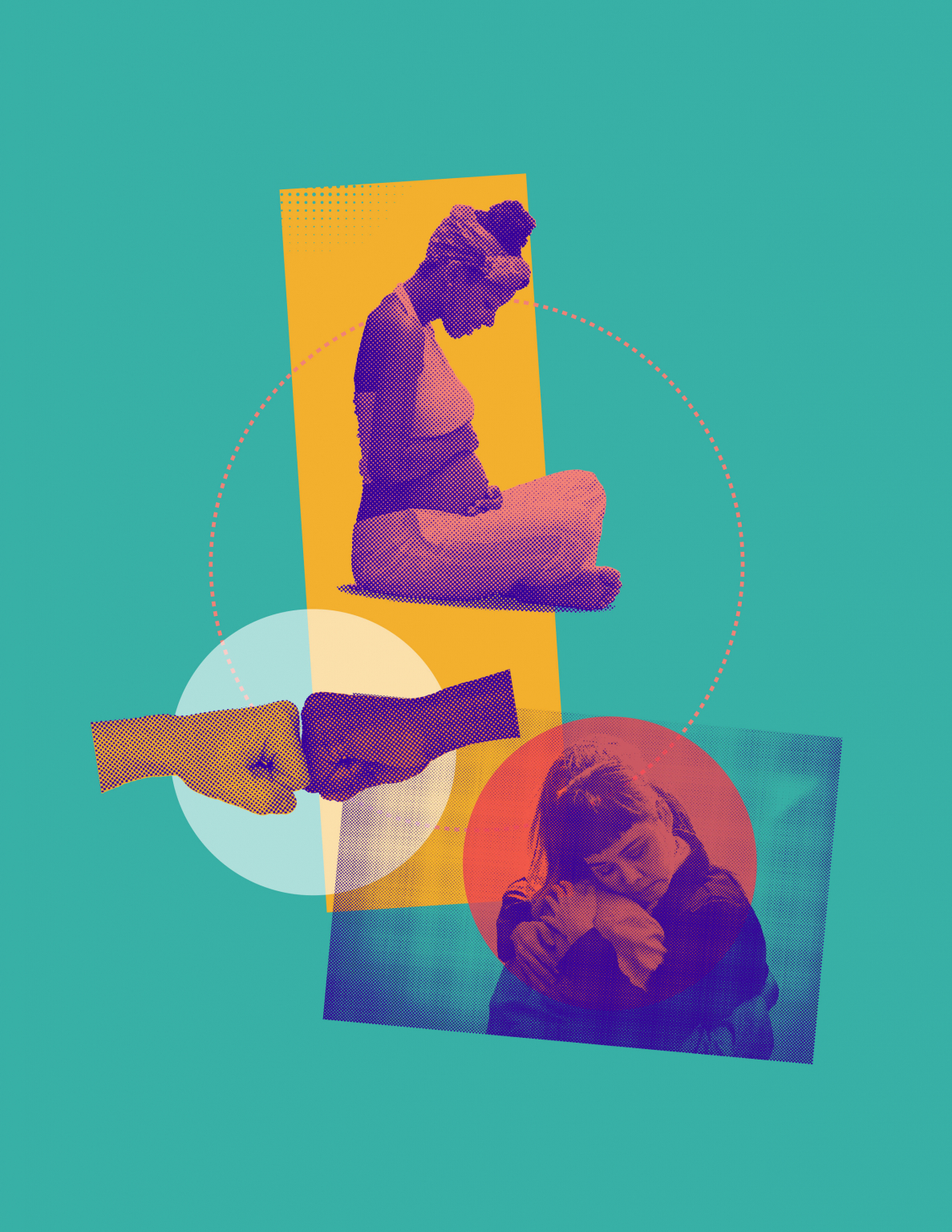 A pregnant woman representing bonding, two hands fist-bumping, representing bridging, and two friends hugging, representing healing