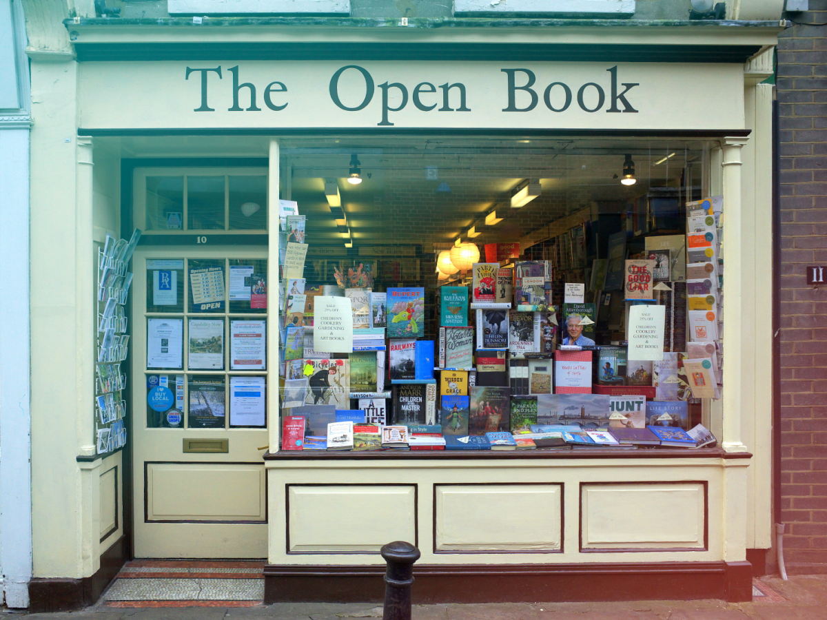 The storefront of The Open Book bookstore.